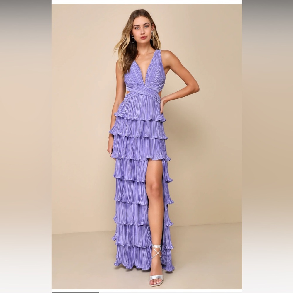 Lulus ‘Beauty Icon lavender Satin Pleated Tiered Lace-Up Maxi Dress’